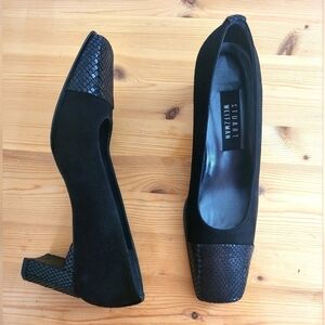 Stuart Weitzman Capitan Black Suede Snake Embossed Toe & Heel Pumps Size 8